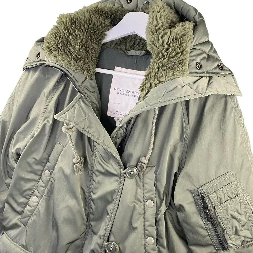 Ralph Lauren Denim & Supply Jacket Medium Green Military Down Sherpa Lined Hood - Picture 3 of 16